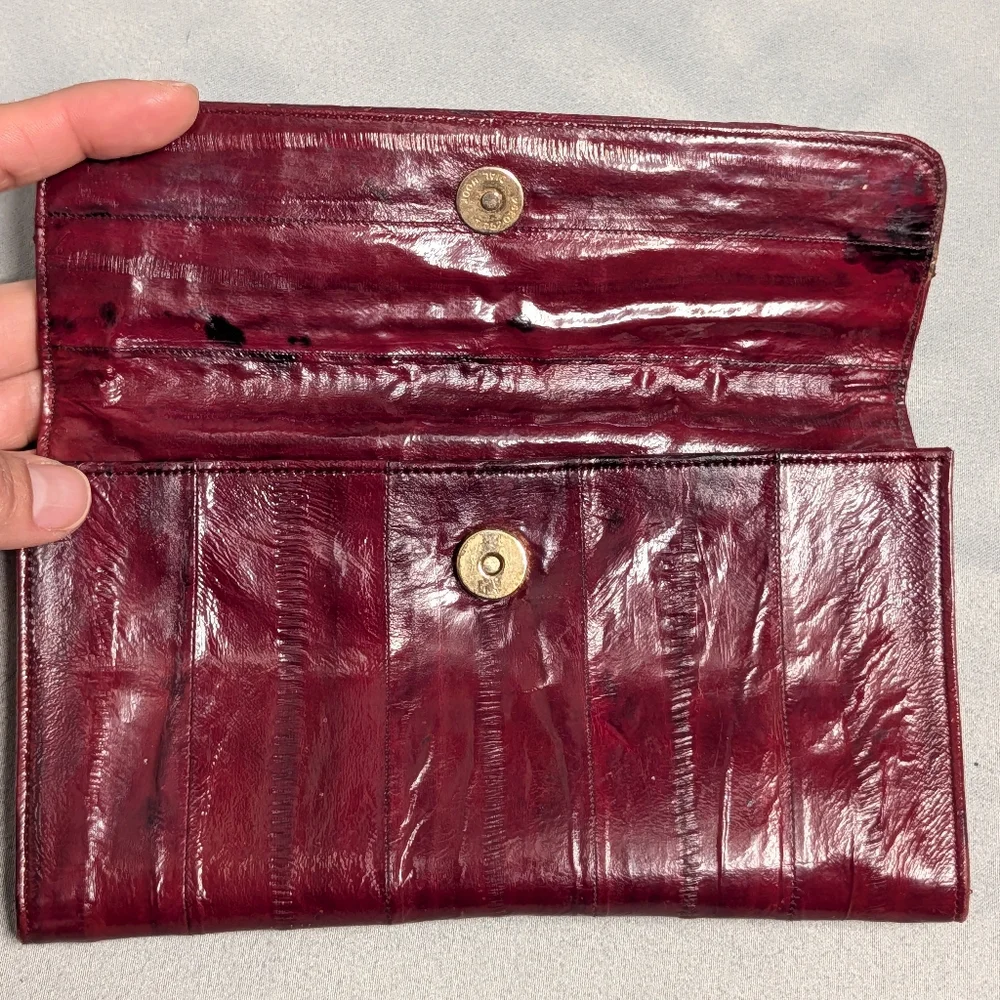 Vintage Burgundy Genuine Eel SkinLeather Trifold Wallet